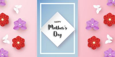 Template design for happy mother's day. Vector illustration in paper cut and craft style. Decoration background with flowers for invitation, cover, banner, advertisement.