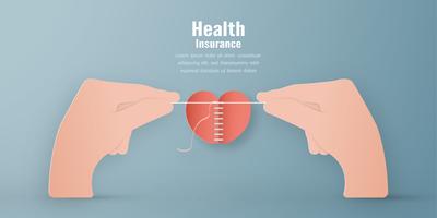 Vector illustration in concept of health insurance. Template design is on pastel blue background for cover, web banner, poster, slide presentation. Art Craft for kid in 3D paper cut style.