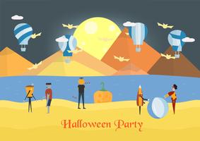 Minimal scene for halloween day and balloon festival, 31 October, with monsters that include glass, pumpkin man, frankenstein, umbrella, joker. Vector illustration.