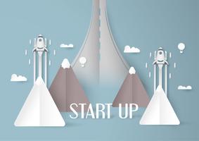 Vector illustration with start up concept in paper cut, craft and origami style. Rocket on the sky.