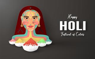 Feliz Holi, Festival de los Colores. Diseño de elementos de plantilla para plantilla, banner, cartel, tarjeta de felicitación. Ilustración vectorial en papel cortado, artesanal, tipo origami con estilo plano laico. vector