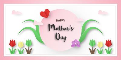 Template design for happy mother's day. Vector illustration in paper cut and craft style. Decoration background with flowers for invitation, cover, banner, advertisement.