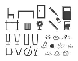 Diferentes tipos de equipos electrónicos, nubes, hardware para el hogar con pantalla, como teléfono, computadora, televisión, vidrio, mesa, ventilador, silla, libro, lápiz, bolígrafo, goma, puerta y canasta. vector