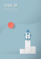 Vector illustration with start up concept in paper cut, craft and origami style. Rocket on the sky.