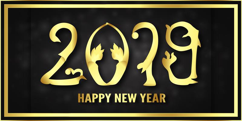 Vector illustration for Happy new year 2019. It's year of the pig. Abstract template with golden design for ceremony the end-of-year.