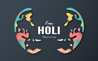 Happy Holi, Festival of Colors. Template element design for template, banner, poster, greeting card. Vector illustration in paper cut, craft, origami type with flat lay style.