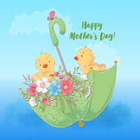 Illustration postcard or fetish for a children's room - cute chickens in an umbrella with flowers, vector illustration in cartoon style