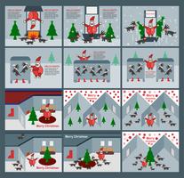 Conjunto de escena para feliz navidad con santa claus, renos y arboles. vector