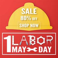 Happy Labor day on 1 May of years. Template design for banner, poster, cover, advertisement, website. Vector illustration in paper cut and craft style on red background.