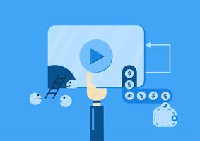 Video marketing para hacer dinero a partir de video en sitio web. Ilustración del vector aislada en el fondo azul para la bandera, el infographics, y el anuncio del web.