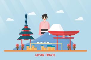 Tailandia, Udonthani - 7 de agosto de 2018: lugares emblemáticos de Japón con el monte Fuji, el santuario Itsukushima, el tren eléctrico, la flor de Sakura, la pagoda y la niña japonesa. Ilustración del vector con el cielo azul y la nube.