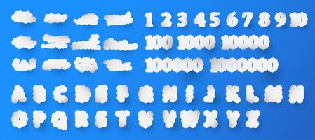 Set of number and 26 English alphabet in shape of cloud on blue gradient background. Vector illustration in paper cut style.