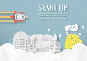 Vector illustration with start up concept in paper cut, craft and origami style. Rocket on the sky.