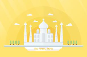 Señales de la India para viajar con Taj Mahal y árboles. Vector el ejemplo con el espacio de la copia y la llamarada de la luz en fondo amarillo y anaranjado.