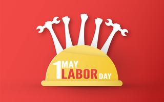 Happy Labor day on 1 May of years. Template design for banner, poster, cover, advertisement, website. Vector illustration in paper cut and craft style on red background.