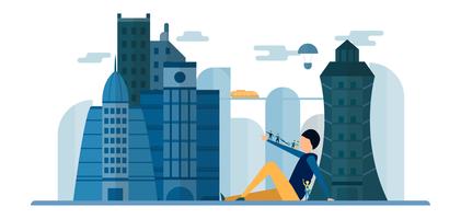 Futuras personas en edificios urbanos con cielo azul y nubes. Ilustración de vector con la ciudad plana en el estilo de corte de papel. Tendencia de hito para el centro del mundo y gran país.