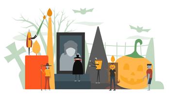 Escena mínima para el día de Halloween, 31 de octubre, con monstruos que incluyen drácula, vidrio, hombre calabaza, frankenstein, paraguas, bruja. Ilustración del vector aislada en el fondo blanco.