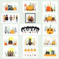 Minimal scene for halloween day, 31 October, with monsters that include dracula, glass, pumpkin man, frankenstein, umbrella, cat, joker, witch woman. Vector illustration isolated on white background.