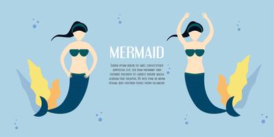 Character of mermaid girl  in the blue sea. Vector illustration design in flat style with copy space for text.