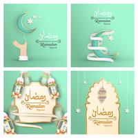 Template for Ramadan Kareem with green and gold color. 3D Vector illustration design in paper cut and craft  for islamic greeting card, invitation, book cover, brochure, web banner, advertisement.