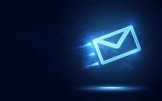 Futuristic blue express envelope and parcel abstract technology background. Business quantum internet network communication and high speed parcel delivery and email text sending message service vector