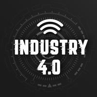 Industry 4.0 with wifi logo on black background with global wireless network line link transmission. Digital transformation and technology concept. Massive future device connection high speed internet