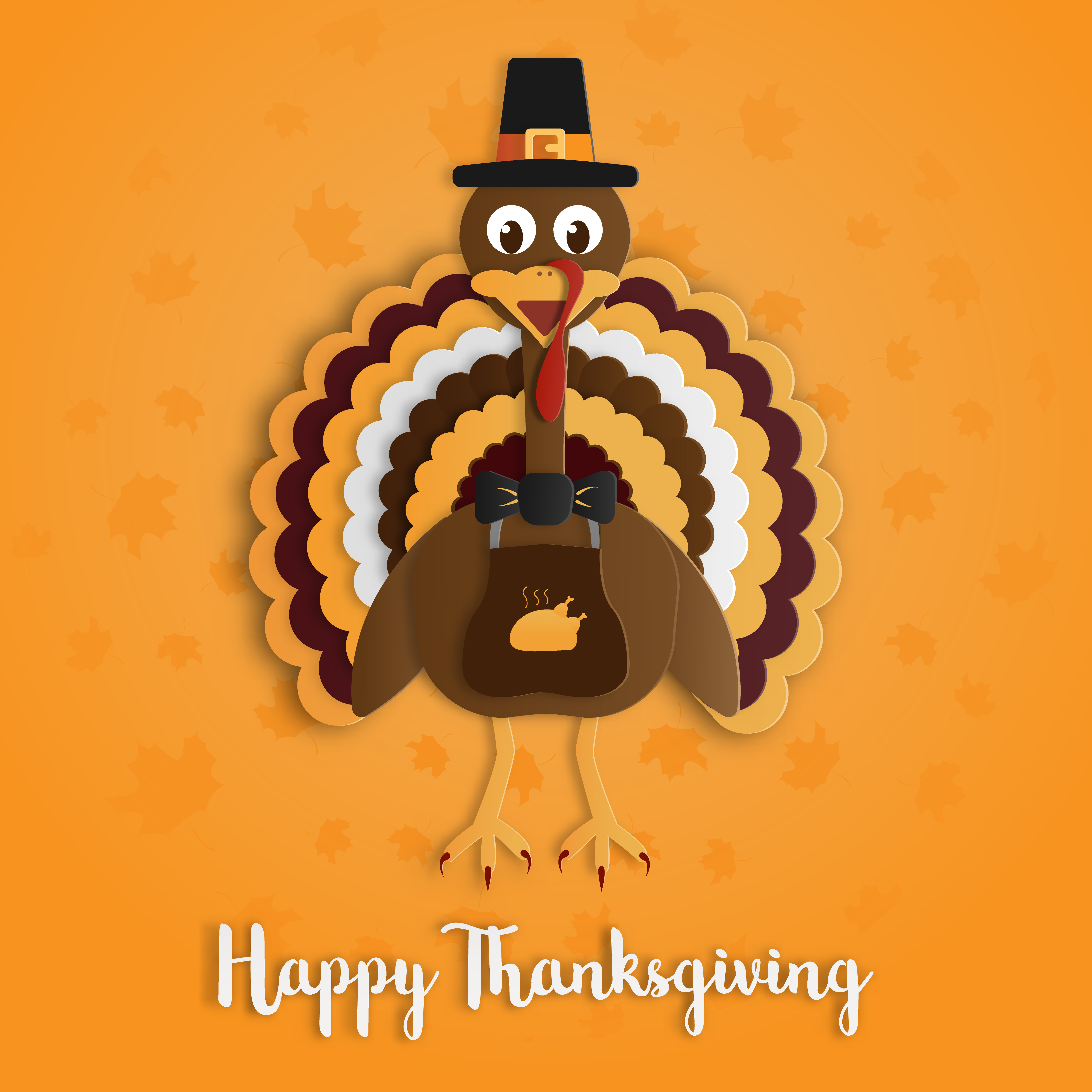 Happy Thanksgiving Day With Turkey Paper Art On Yellow Orange