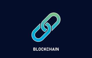 Blockchain logo on dark black background. Abstract symbol of linked chain and with text. Modern technology concept. Vector illustration for company logo.