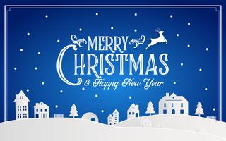 Merry Christmas and Happy New Year 2019 of snowy home town with typography font message. Blue color Paper art and digital craft Illustration vector celebrate invitation wallpaper card. Holiday winter