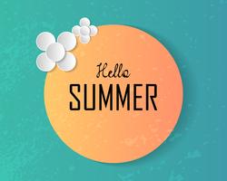 Hello summer text on large sun and decorated paper art flowers on deep blue sea background. Vector illustration. Holiday and Beach concept. Nature theme