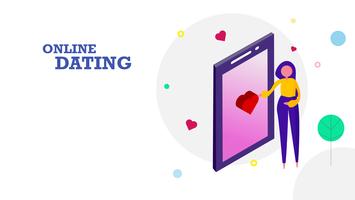 Happy Valentine's day flat design background. Woman sending heart emotion icon by touching screen on mobile phone to her boyfriend. Graphic design concept. Vector illustration