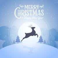 Merry Christmas snowy night and happy new year festival end year party silhouette deer and blue text calligraphy decoration greeting card abstract wallpaper background. Xmas day graphic design vector