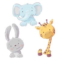 Conjunto de bebé conejito elefante y jirafa. Estilo de dibujos animados Vector