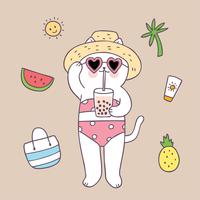 Cartoon cute summer cat on beach vector. vector
