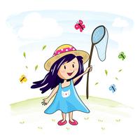 Cute girl catching butterfly vector