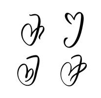 Vector Set of Vintage floral letter monogram J. Calligraphy element Valentine flourish. Hand drawn heart sign for page decoration and design illustration. Love wedding card for invitation