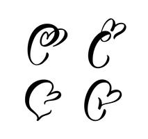 Vector Set of Vintage floral letter monogram C. Calligraphy element Valentine flourish. Hand drawn heart sign for page decoration and design illustration. Love wedding card for invitation