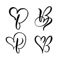 Vector Set of Vintage floral letter monogram B. Calligraphy element Valentine flourish. Hand drawn heart sign for page decoration and design illustration. Love wedding card for invitation