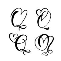 Vector Set of Vintage floral letter monogram Q. Calligraphy element Valentine flourish. Hand drawn heart sign for page decoration and design illustration. Love wedding card for invitation