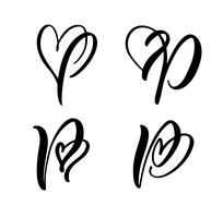 Vector Set of Vintage floral letter monogram P. Calligraphy element Valentine flourish. Hand drawn heart sign for page decoration and design illustration. Love wedding card for invitation