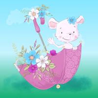 Ilustración de un pequeño ratón lindo en un paraguas con las flores. Dibujar a mano vector