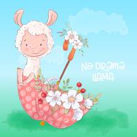 Illustration of a cute llama in an umbrella with flowers. Hand draw vector