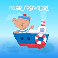 Illustration of a cute bear sailor youngs on a steamship. Hand draw vector