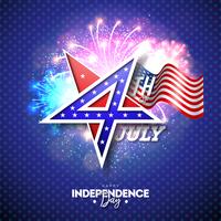 El 4 de julio, Día de la Independencia de los EE. UU., Ilustración vectorial con 4 números en el símbolo de la estrella. Diseño de celebración nacional del cuatro de julio con patrón de bandera estadounidense sobre fondo de fuegos artificiales