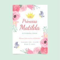 Invitación de princesa acuarela con flores y pájaros