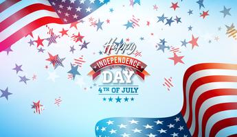 4 de julio Día de la Independencia de la ilustración vectorial de Estados Unidos. Diseño de celebración nacional estadounidense del cuatro de julio con bandera y estrellas sobre fondo azul y blanco de confeti