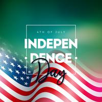 4 de julio Día de la Independencia del ejemplo del vector de los EEUU con la bandera americana y la letra de la tipografía en fondo brillante. Diseño de la celebración nacional del cuatro de julio.