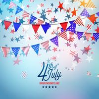 4 de julio Día de la Independencia de la ilustración vectorial de Estados Unidos. Diseño de celebración nacional estadounidense del cuatro de julio con bandera y estrellas sobre fondo azul y blanco de confeti vector