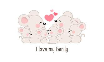 Linda y feliz familia de ratas dice &quot;Amo a mi familia&quot;. vector