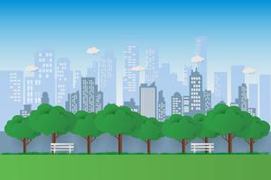 Nature in a beautiful urban park. City park bench with green tree and town buildings background. exercise and relax vector